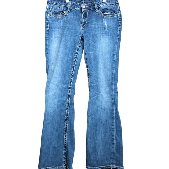 Seven7 Womens Jeans Blue Denim Bootcut Distressed Embroidered Pockets Stretch 8 - Picture 1 of 12